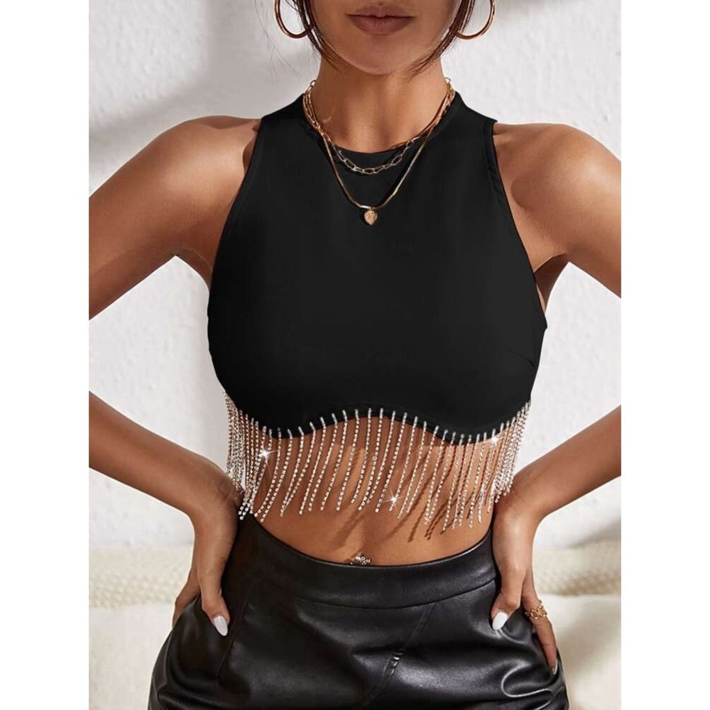 SHEIN BAE Women's Sz 6(M) Black Rhinestone Fringe Zip Back Tank Crop Top‎